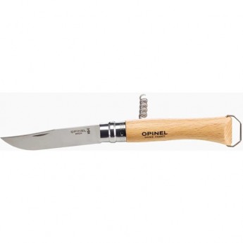 Нож OPINEL №10, нержавеющая сталь, рукоять из бука, со штопором